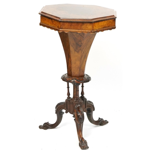 1072 - Victorian burr walnut octagonal trumpet work table with tripod base, 76cm H x 43.5cm W x 43.5cm D