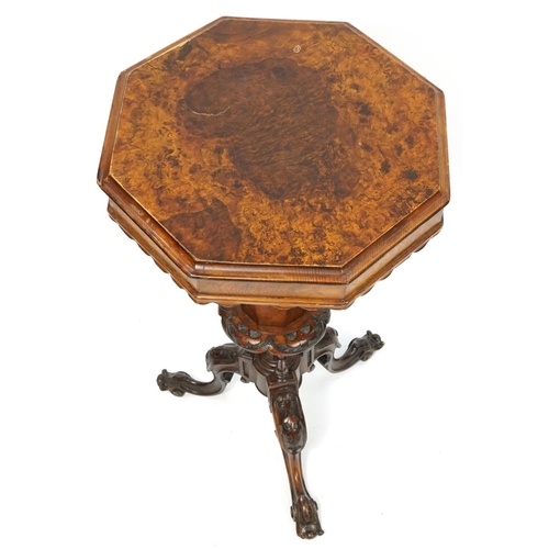 1072 - Victorian burr walnut octagonal trumpet work table with tripod base, 76cm H x 43.5cm W x 43.5cm D