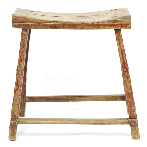 1037 - Chinese partially lacquered wood stool with concave seat, 52cm H x 49cm W x 21cm D