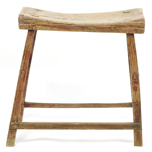 1037 - Chinese partially lacquered wood stool with concave seat, 52cm H x 49cm W x 21cm D