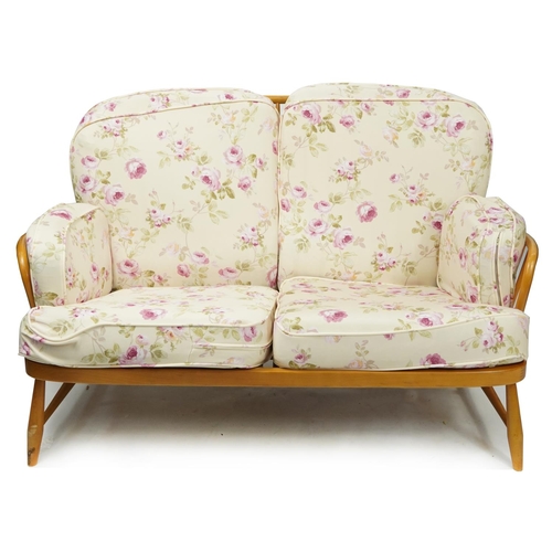 1058 - Ercol Jubilee light elm two seater settee, 140cm wide