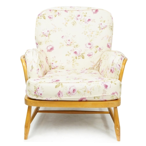 1059 - Ercol Jubilee light elm stick back armchair, 83cm high