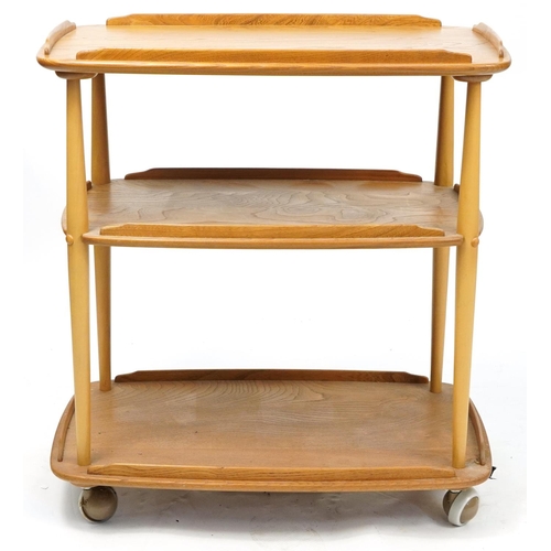 1021 - Ercol Windsor 458 light elm and beech three tier tea trolley, 77cm H x 71cm W x 45cm D