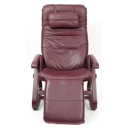 1068 - Mahogany framed burgundy leather reclining armchair, 117cm high