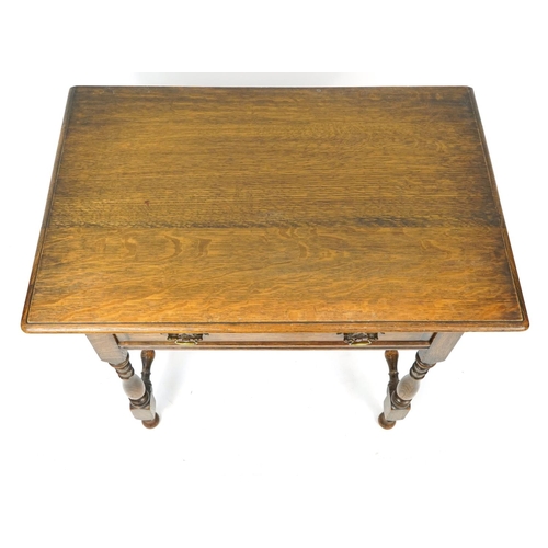 1065 - Oak side table with frieze drawer and H stretcher, 68cm H x 76cm W x 49cm D