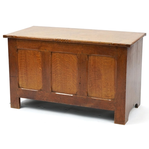 1074 - Moody & Inwood, carved oak three panel blanket box, 55cm H x 92cm W x 45cm D