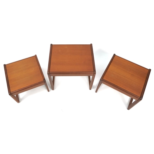 1056 - Nest of three mid century teak occasional tables, the largest 43cm H x 50cm W x 43cm D