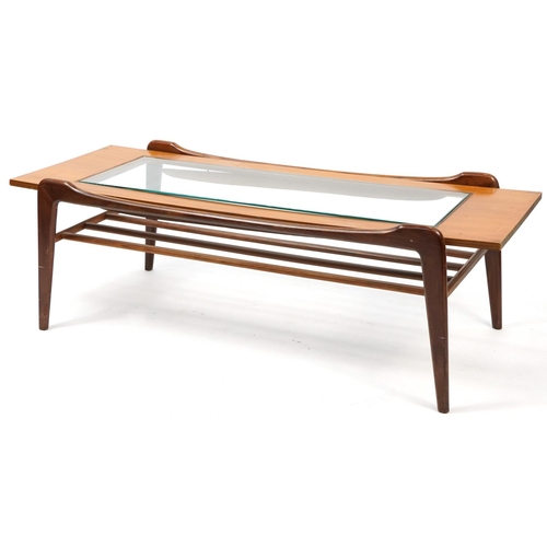 1023 - Mid century teak rectangular coffee table with glass insert and under tier, 39cm H x 120cm W x 43cm ... 