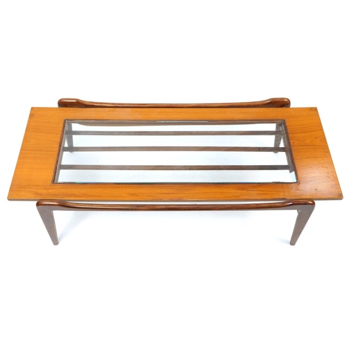 1023 - Mid century teak rectangular coffee table with glass insert and under tier, 39cm H x 120cm W x 43cm ... 