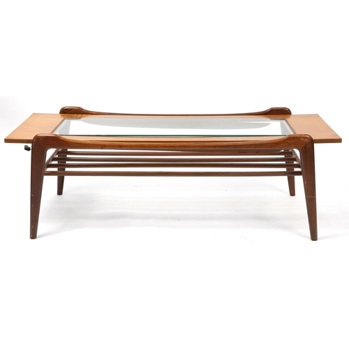 1023 - Mid century teak rectangular coffee table with glass insert and under tier, 39cm H x 120cm W x 43cm ... 