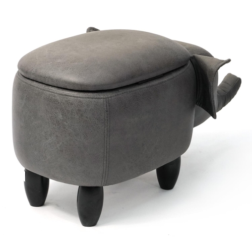 1018 - Contemporary grey leather storage stool in the form of an elephant, 68cm in length