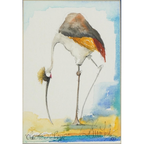 448 - Crested Crane and Banded Mongoose, pair of watercolours, each indistinctly signed and dated 2001, mo... 