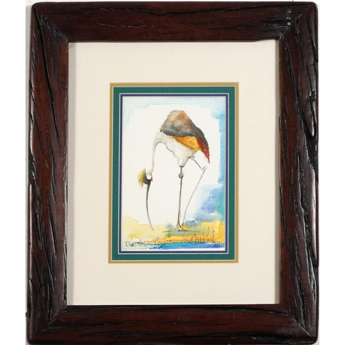 448 - Crested Crane and Banded Mongoose, pair of watercolours, each indistinctly signed and dated 2001, mo... 