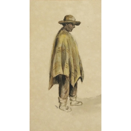 1181 - 19th century beggars, pair of continental watercolours, each indistinctly monogrammed, possibly A N ... 