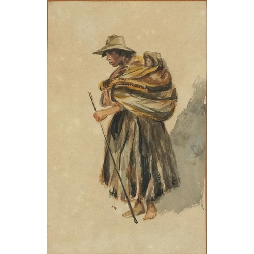 1181 - 19th century beggars, pair of continental watercolours, each indistinctly monogrammed, possibly A N ... 