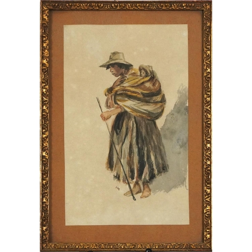 1181 - 19th century beggars, pair of continental watercolours, each indistinctly monogrammed, possibly A N ... 