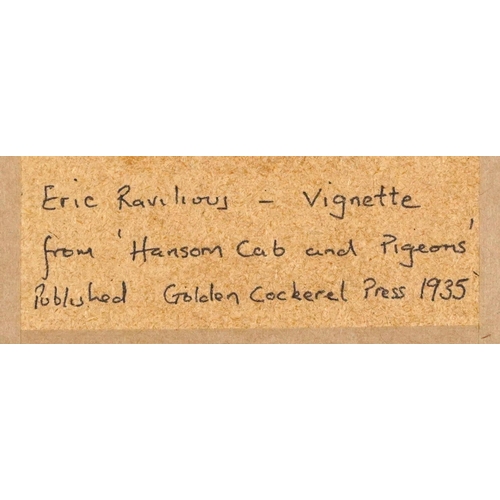 389 - Eric Ravilious - Vignette print, inscribed verso Hansom Cab and Pigeons, published Golden Cockerel P... 