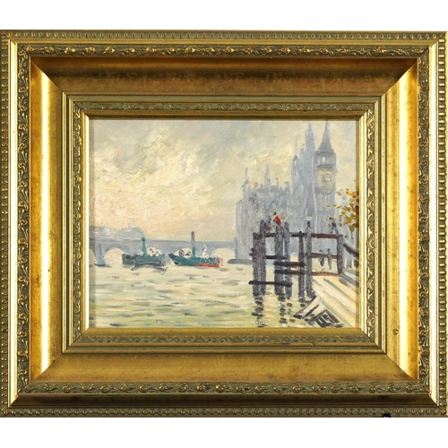 181 - Thames Embankment with boats, Modern British oil on canvas, mounted and framed, 24cm x 18cm excludin... 