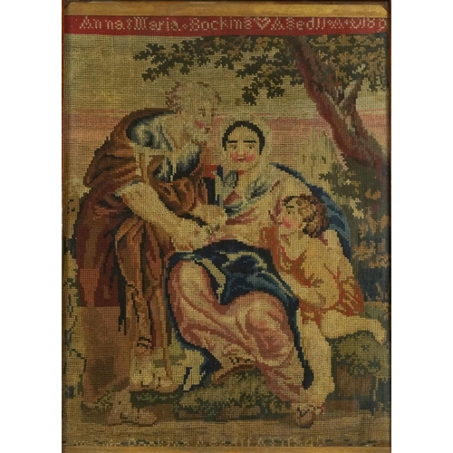 1586 - Two figures and a child, 19th century woolwork sampler worked by Anna Maria Bocking, framed and glaz... 