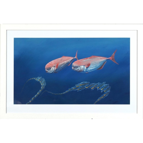 208 - Gordon Howes - Fish and jellyfish, acrylic, details and La Beaute des Poissons label verso, mounted,... 