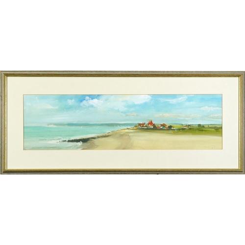 1182 - Scarland - Panoramic coastal scene with buildings, mixed media, Oyster Framing label verso, mounted,... 