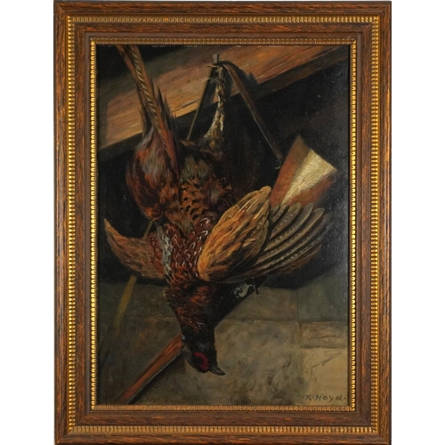 260 - Karl Hayd - Dead game and gun, Austrian oil on board, mounted and framed, 68cm x 48cm excluding the ... 