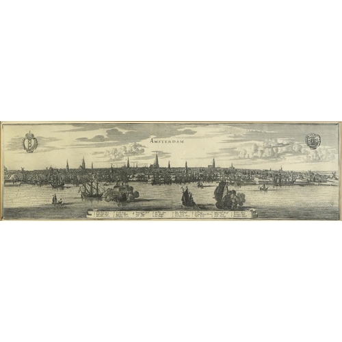 1589 - Panoramic landscape of Amsterdam with naval fleet, antique print, mounted, framed and glazed, 70cm x... 