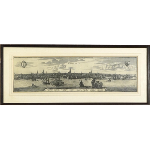 1589 - Panoramic landscape of Amsterdam with naval fleet, antique print, mounted, framed and glazed, 70cm x... 