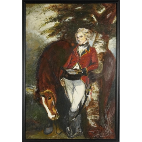 1117 - Gentleman wearing military dress beside a horse, oil on board, framed, 90cm x 60cm excluding the fra... 