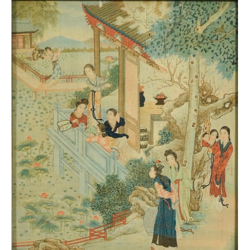 1584 - Females in a garden setting, Chinese watercolour on silk, The Wembley Galleries label verso, framed ... 