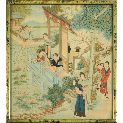 1584 - Females in a garden setting, Chinese watercolour on silk, The Wembley Galleries label verso, framed ... 