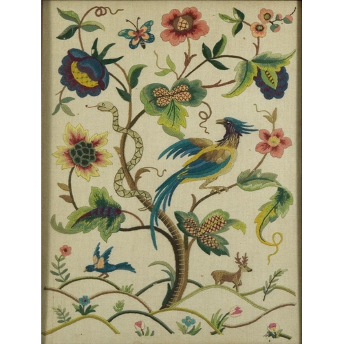 1588 - Arts & Crafts tapestry embroidered with flowers and bird of paradise, framed and glazed, 61cm x 45.5... 