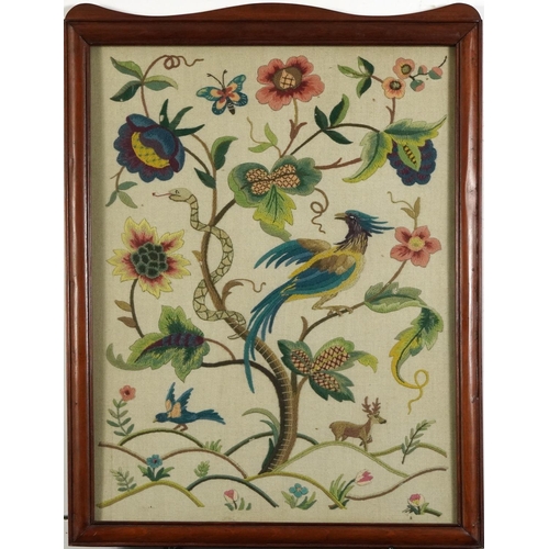 1588 - Arts & Crafts tapestry embroidered with flowers and bird of paradise, framed and glazed, 61cm x 45.5... 