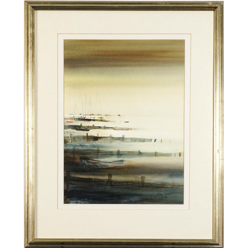 1049 - Colin David Kent - Coastal landscape with moored boats, Impressionist watercolour, mounted, framed a... 