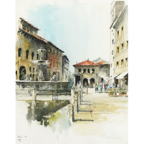 1288 - Continental street scene with water fountain, ink and watercolour, indistinctly signed and dated, in... 