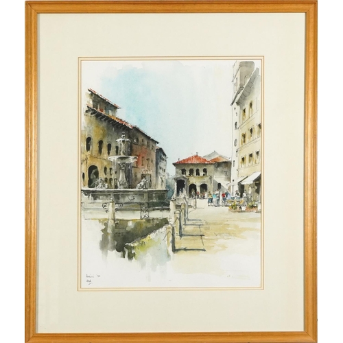 1288 - Continental street scene with water fountain, ink and watercolour, indistinctly signed and dated, in... 