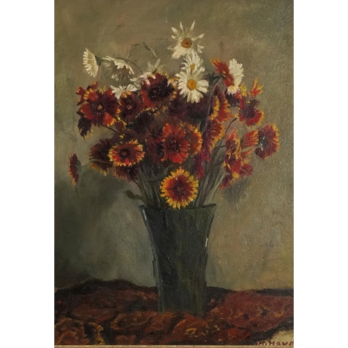 262 - Karl Hayd - Still life flowers in a vase, Austrian oil on board, label verso, mounted and framed, 66... 