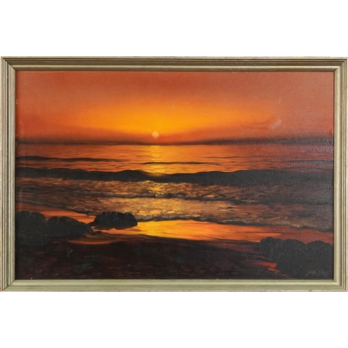 1217 - James Yates '68 - Coastal scene at sunset, South African Impressionist oil on board, framed, 75cm x ... 