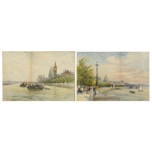 1048 - Charles James Lauder - Thames Embankment scenes with Houses of Parliament and St Paul's Cathedral, p... 