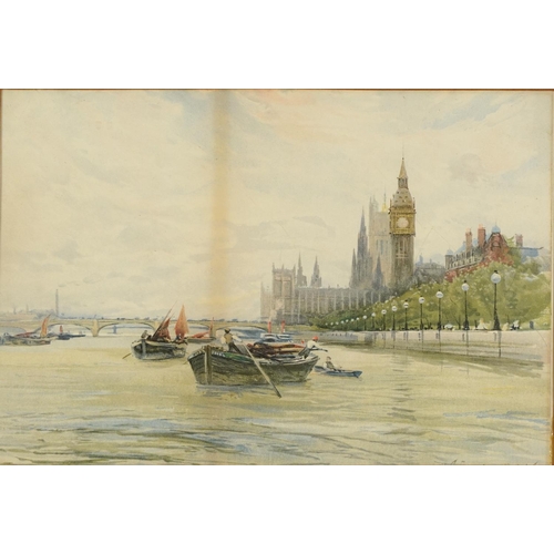 1048 - Charles James Lauder - Thames Embankment scenes with Houses of Parliament and St Paul's Cathedral, p... 