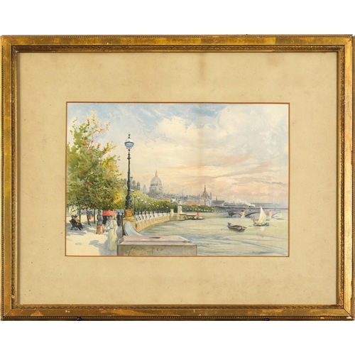 1048 - Charles James Lauder - Thames Embankment scenes with Houses of Parliament and St Paul's Cathedral, p... 