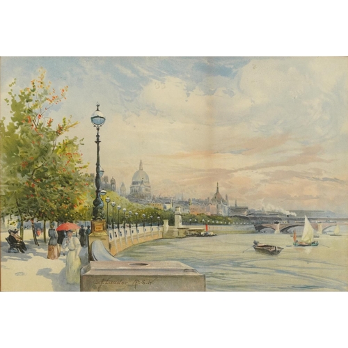 1048 - Charles James Lauder - Thames Embankment scenes with Houses of Parliament and St Paul's Cathedral, p... 