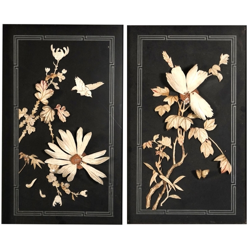 350 - Pair of Japanese lacquered panels with bone inlay housed in carved hardwood frames, each panel decor... 