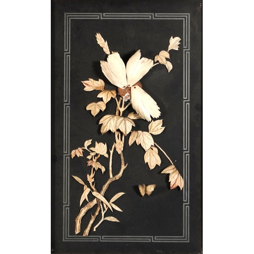 350 - Pair of Japanese lacquered panels with bone inlay housed in carved hardwood frames, each panel decor... 
