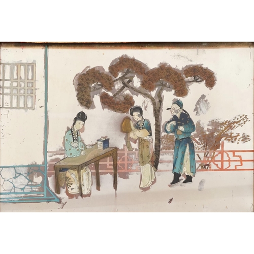 1592 - Chinese mirrored panel decorated with two figures attending a scholar, framed, 59cm x 38.5cm excludi... 