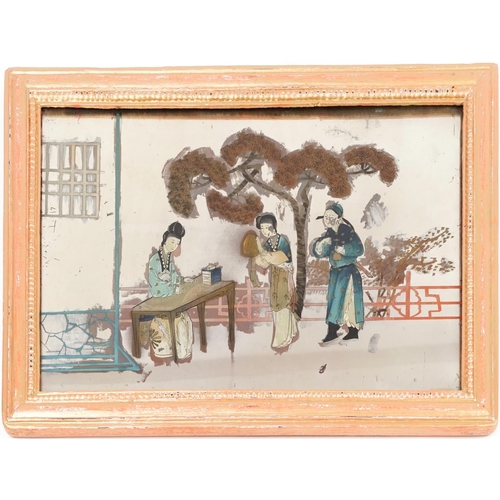 1592 - Chinese mirrored panel decorated with two figures attending a scholar, framed, 59cm x 38.5cm excludi... 