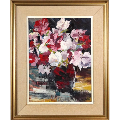 348 - Jenkins - Still life flowers in a vase, Impressionist oil on canvas board, mounted and framed, 51cm ... 