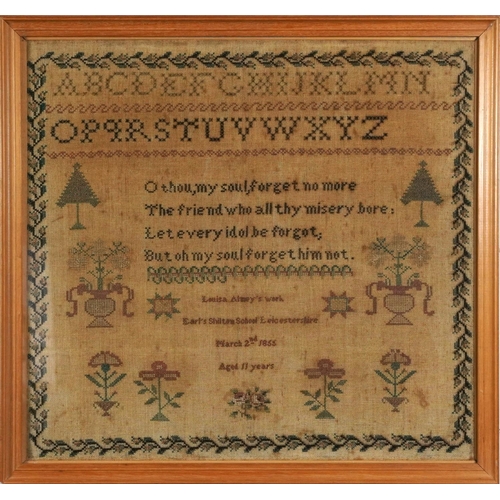 273 - Mid 19th century needlework sampler with verse, alphabet and flowers by Louisa Almey aged 11, dated ... 