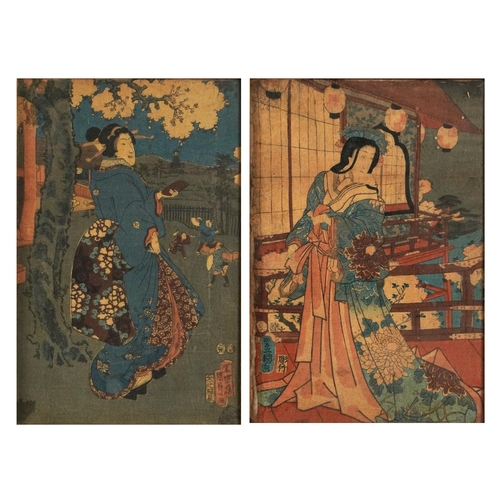 1582 - Geishas and children playing, pair of Japanese crepe paper pictures, mounted, framed and glazed, eac... 