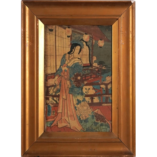 1582 - Geishas and children playing, pair of Japanese crepe paper pictures, mounted, framed and glazed, eac... 